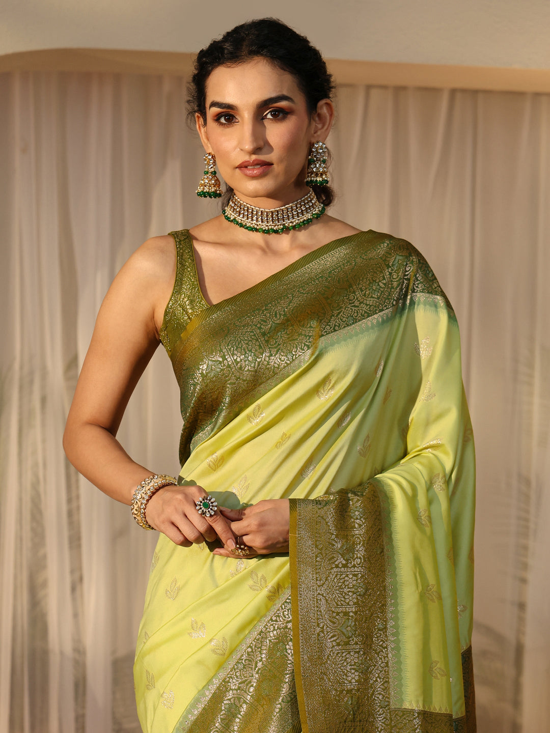  Pista Green Banarasi Silk Blend Saree 