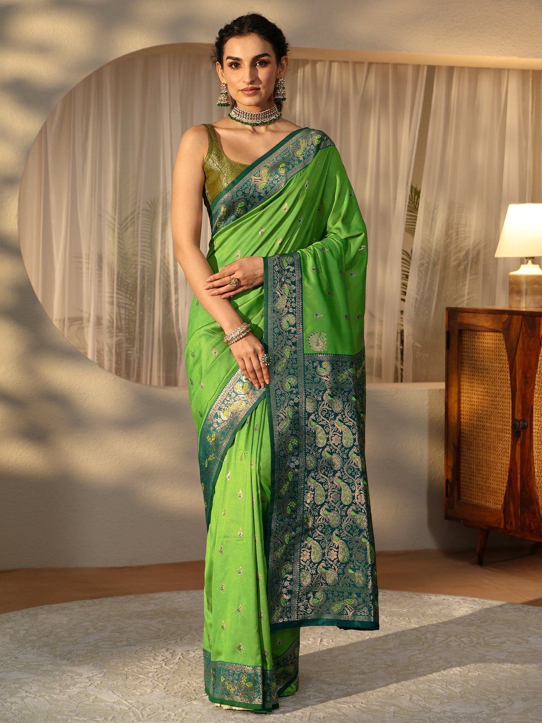  Lime Green Banarasi Silk Blend Saree 