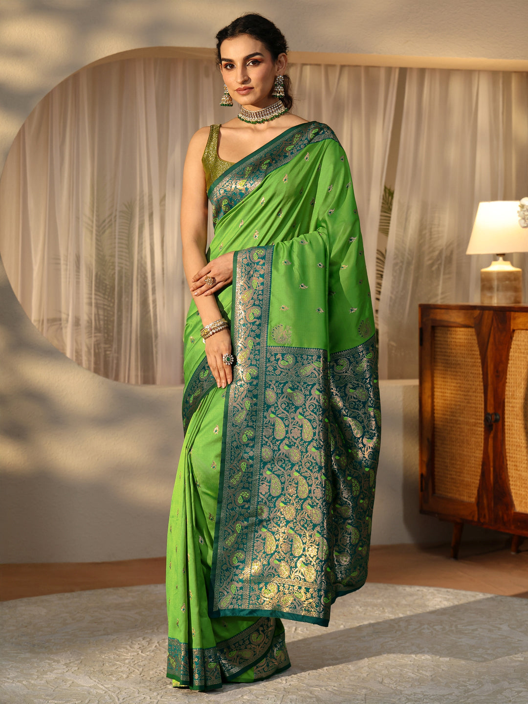  Lime Green Banarasi Silk Blend Saree 