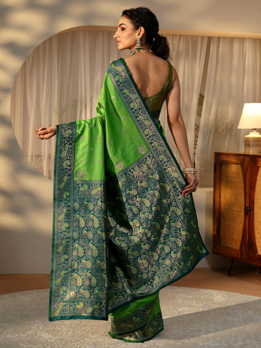  Lime Green Banarasi Silk Blend Saree 