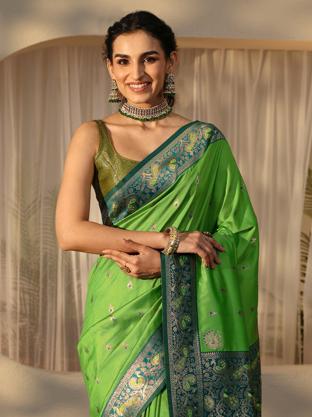 Lime Green Banarasi Silk Blend Saree 