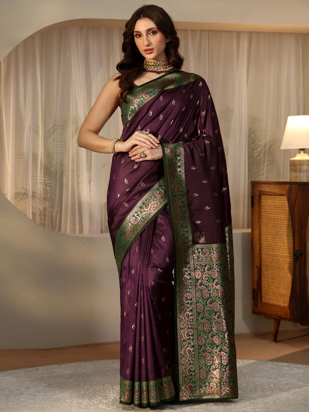  Burgundy Banarasi Silk Blend Saree 