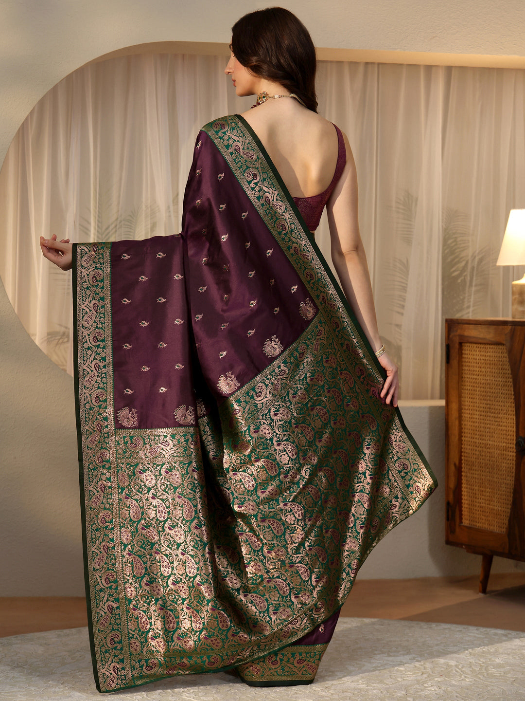  Burgundy Banarasi Silk Blend Saree 
