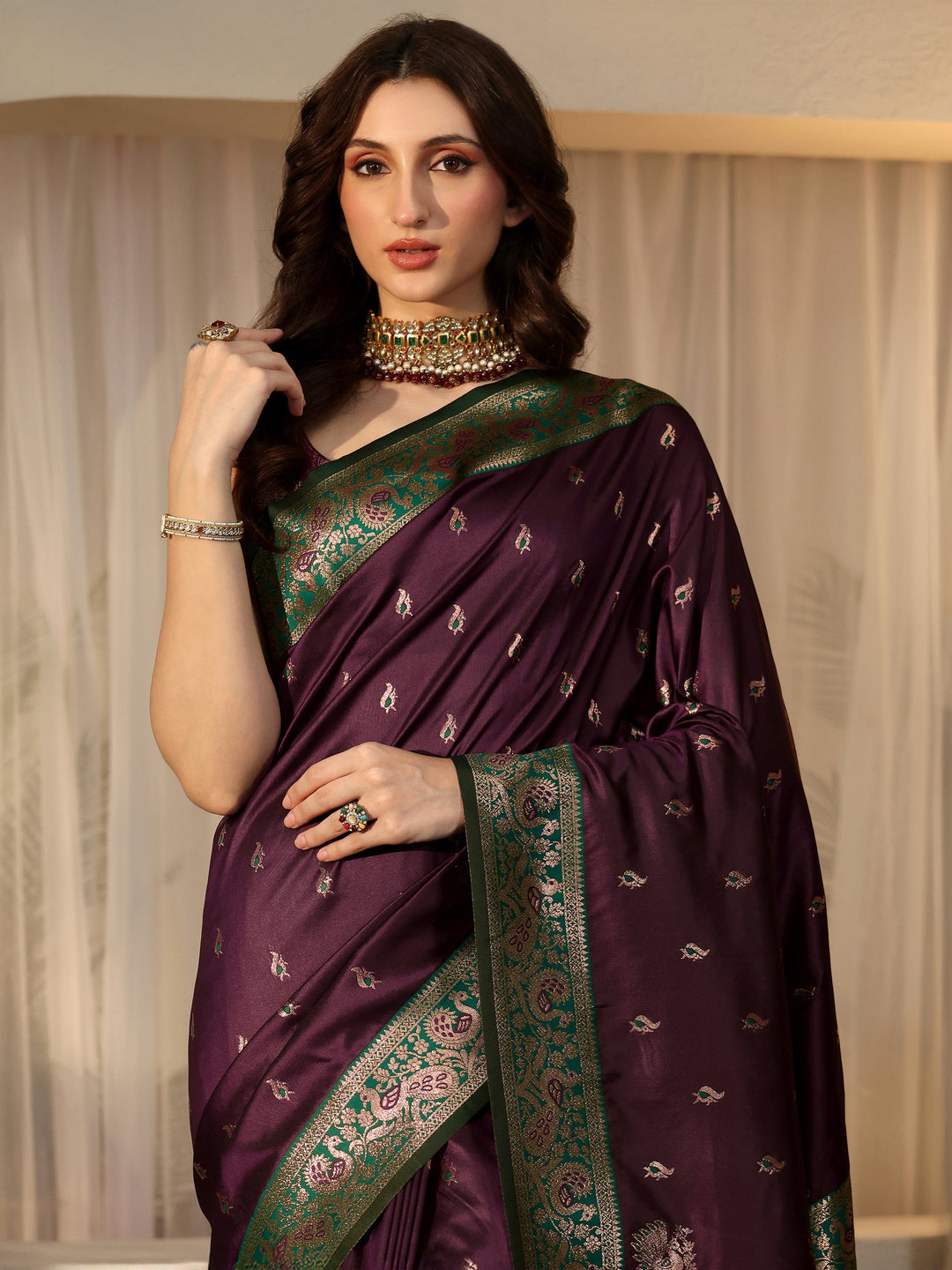  Burgundy Banarasi Silk Blend Saree 