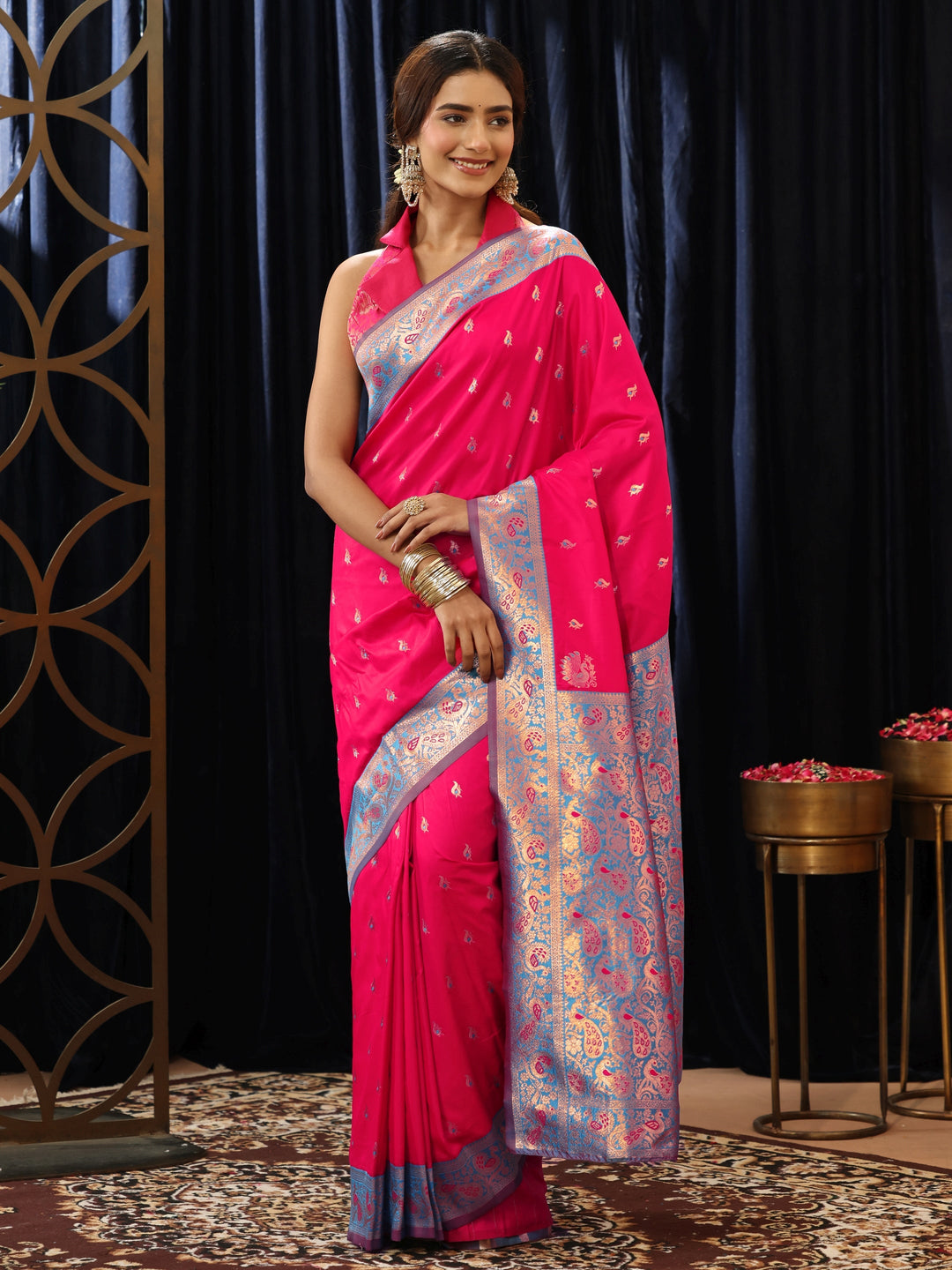  Hot Pink Banarasi Silk Blend Saree 