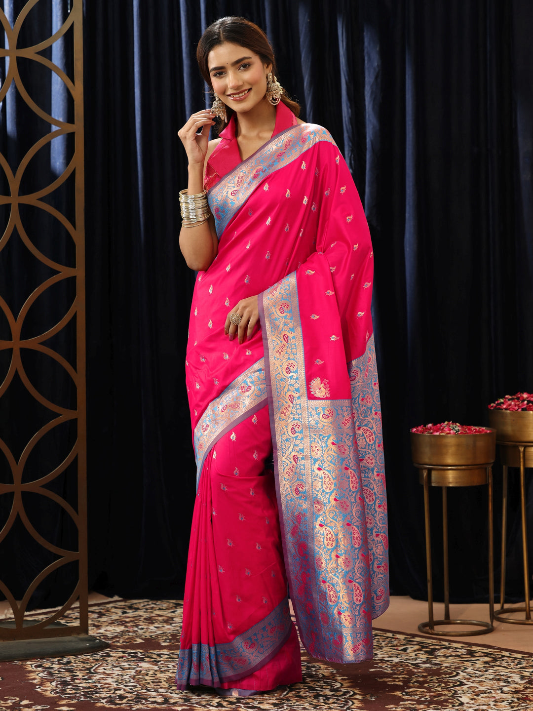  Hot Pink Banarasi Silk Blend Saree 