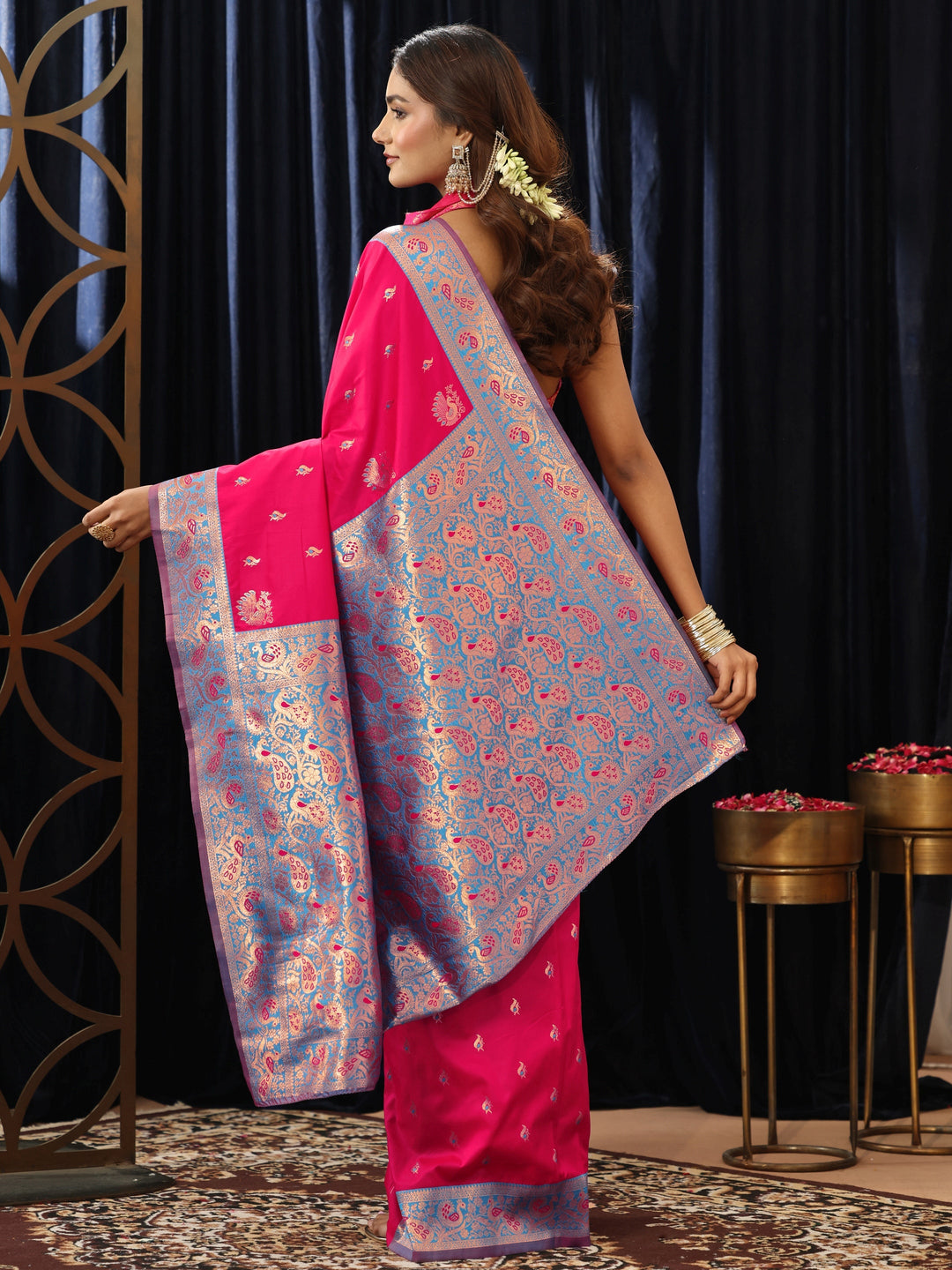  Hot Pink Banarasi Silk Blend Saree 