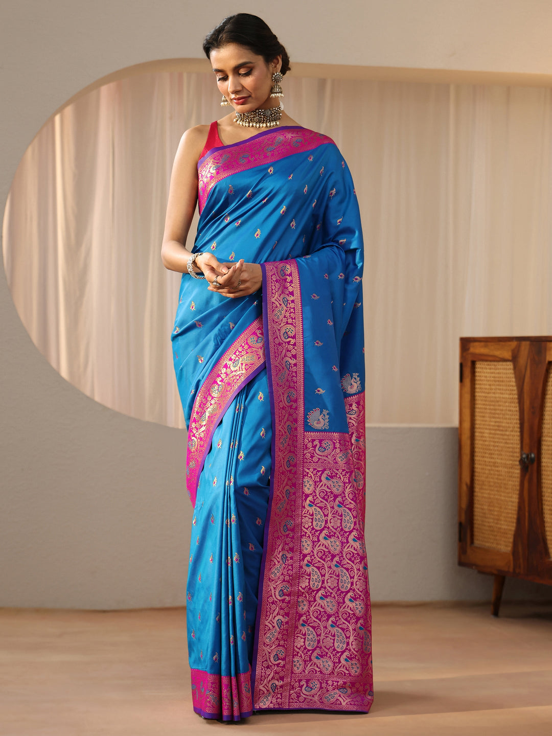  Cerulean Blue Kanjeevaram Silk Blend Saree 