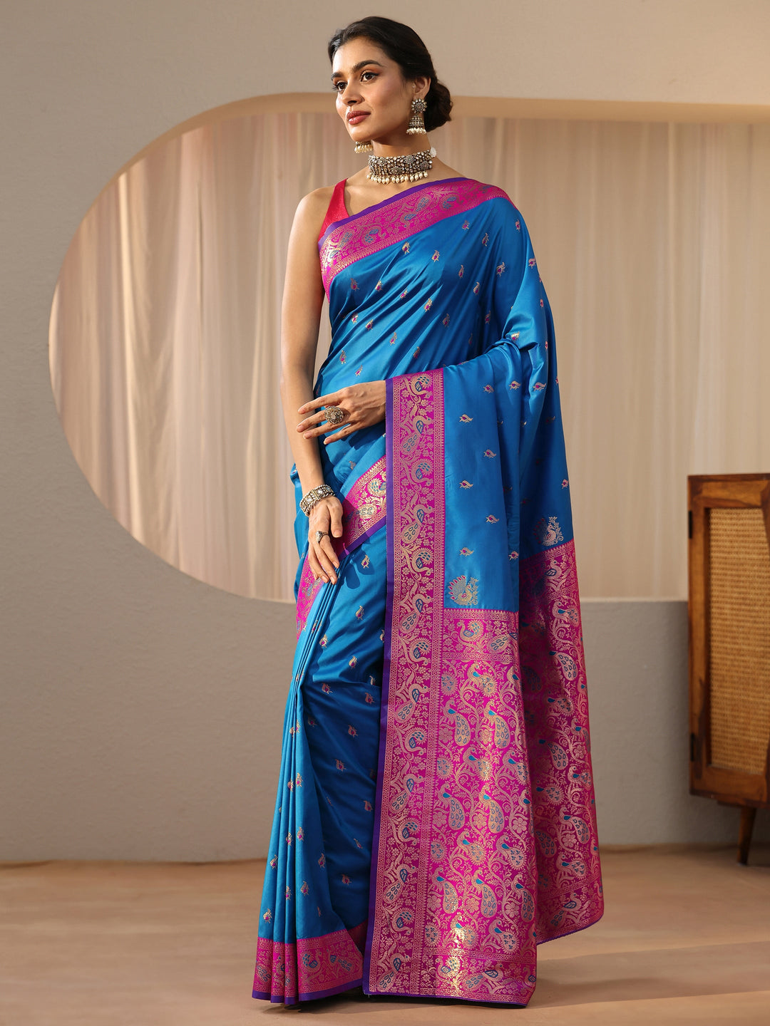  Cerulean Blue Kanjeevaram Silk Blend Saree 