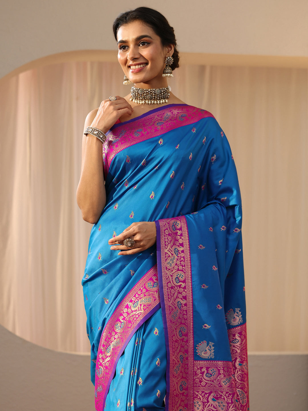  Cerulean Blue Kanjeevaram Silk Blend Saree 