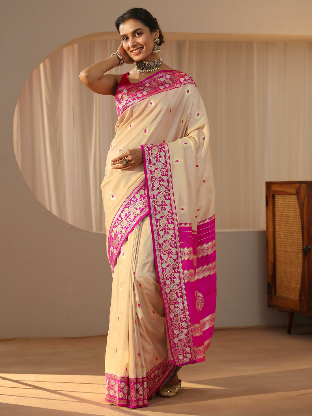  Beige Kanjeevaram Silk Blend Saree 