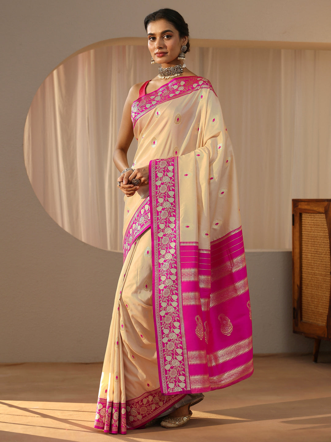 Beige Kanjeevaram Silk Blend Saree 