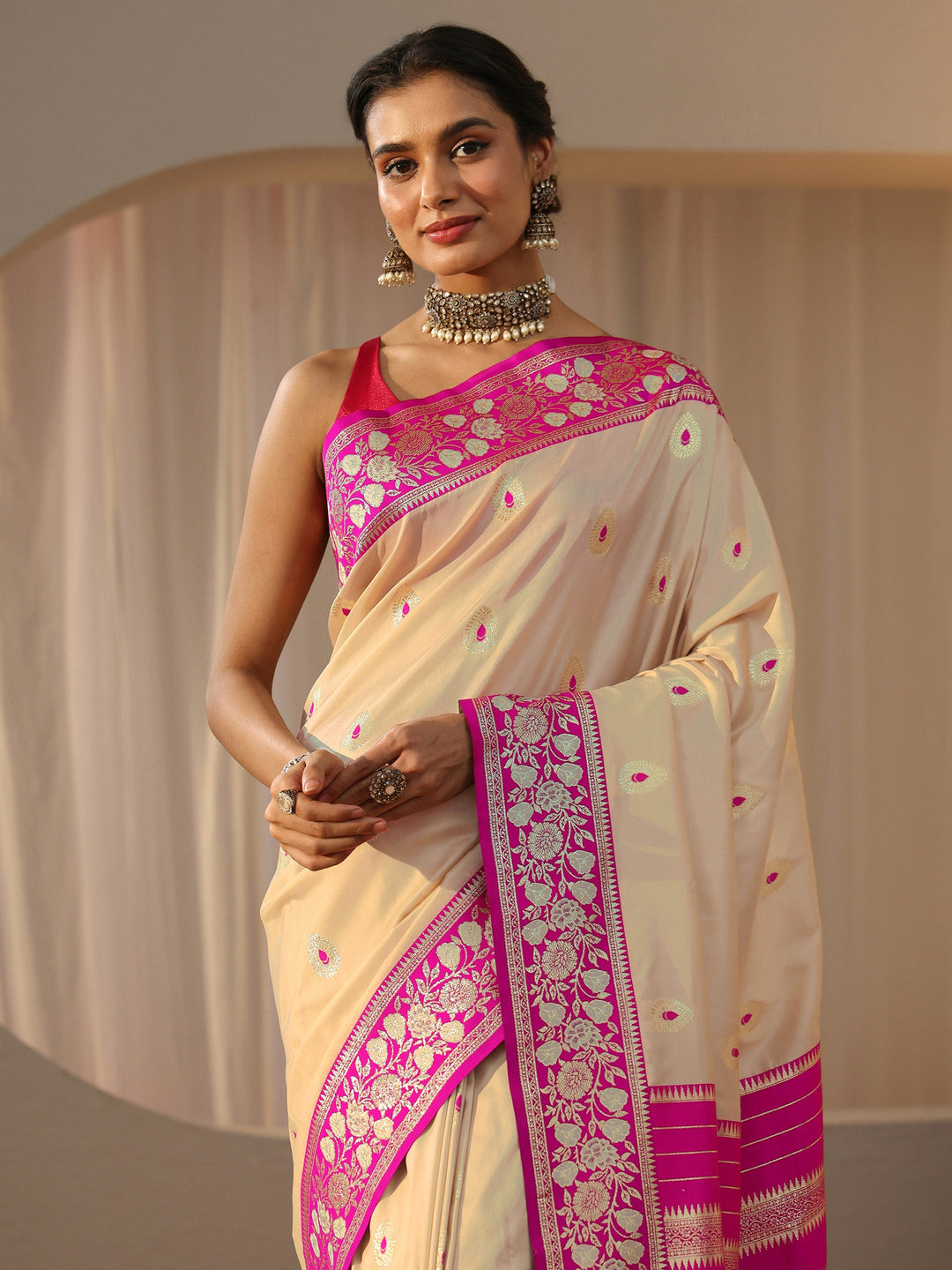  Beige Kanjeevaram Silk Blend Saree 