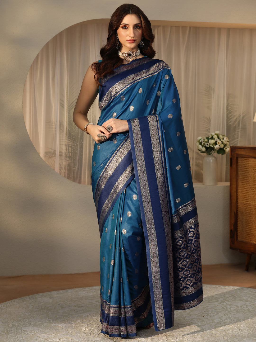  Peacock Blue Ethnic Woven Design Silk Blend Saree 