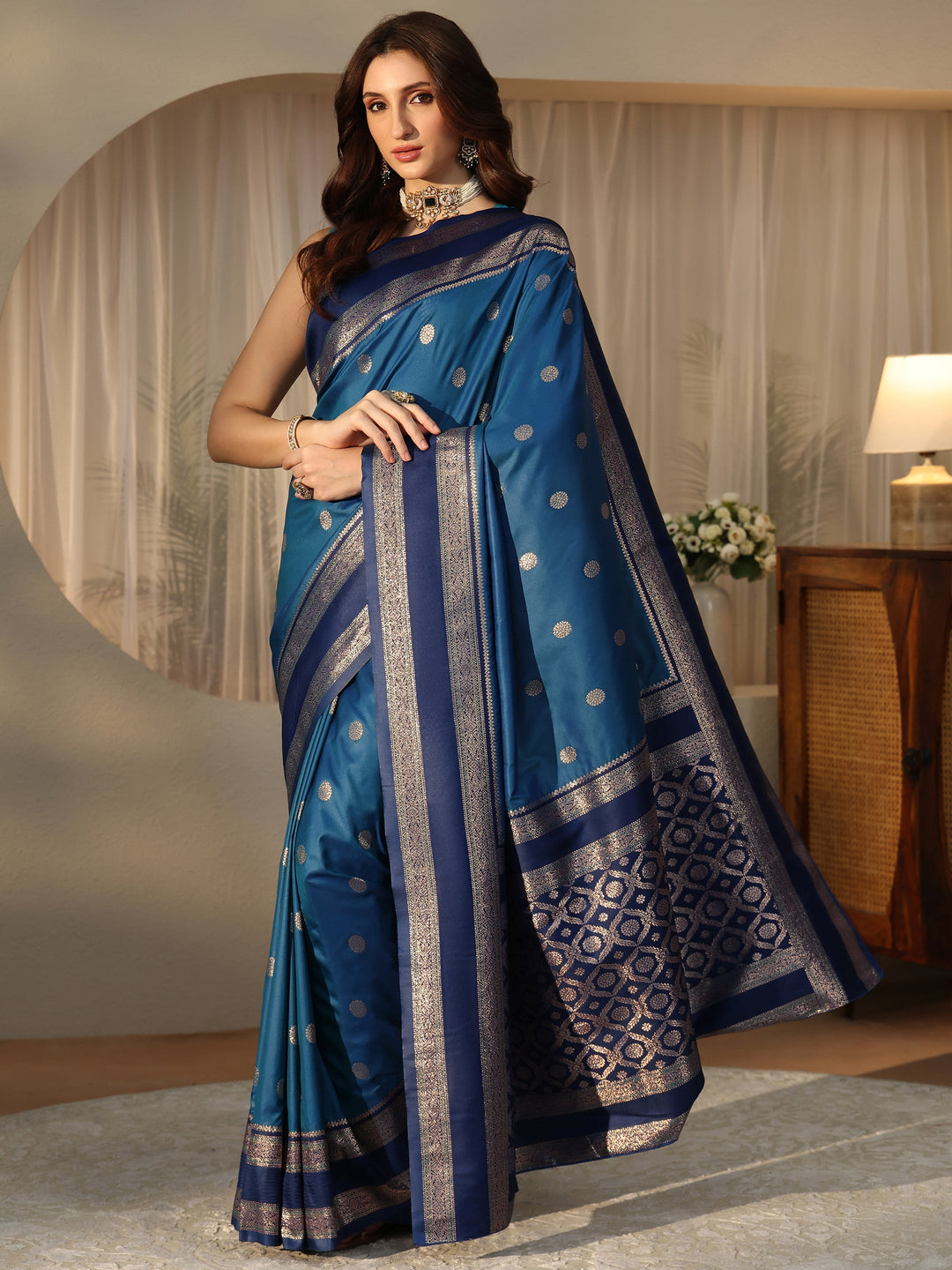  Peacock Blue Ethnic Woven Design Silk Blend Saree 