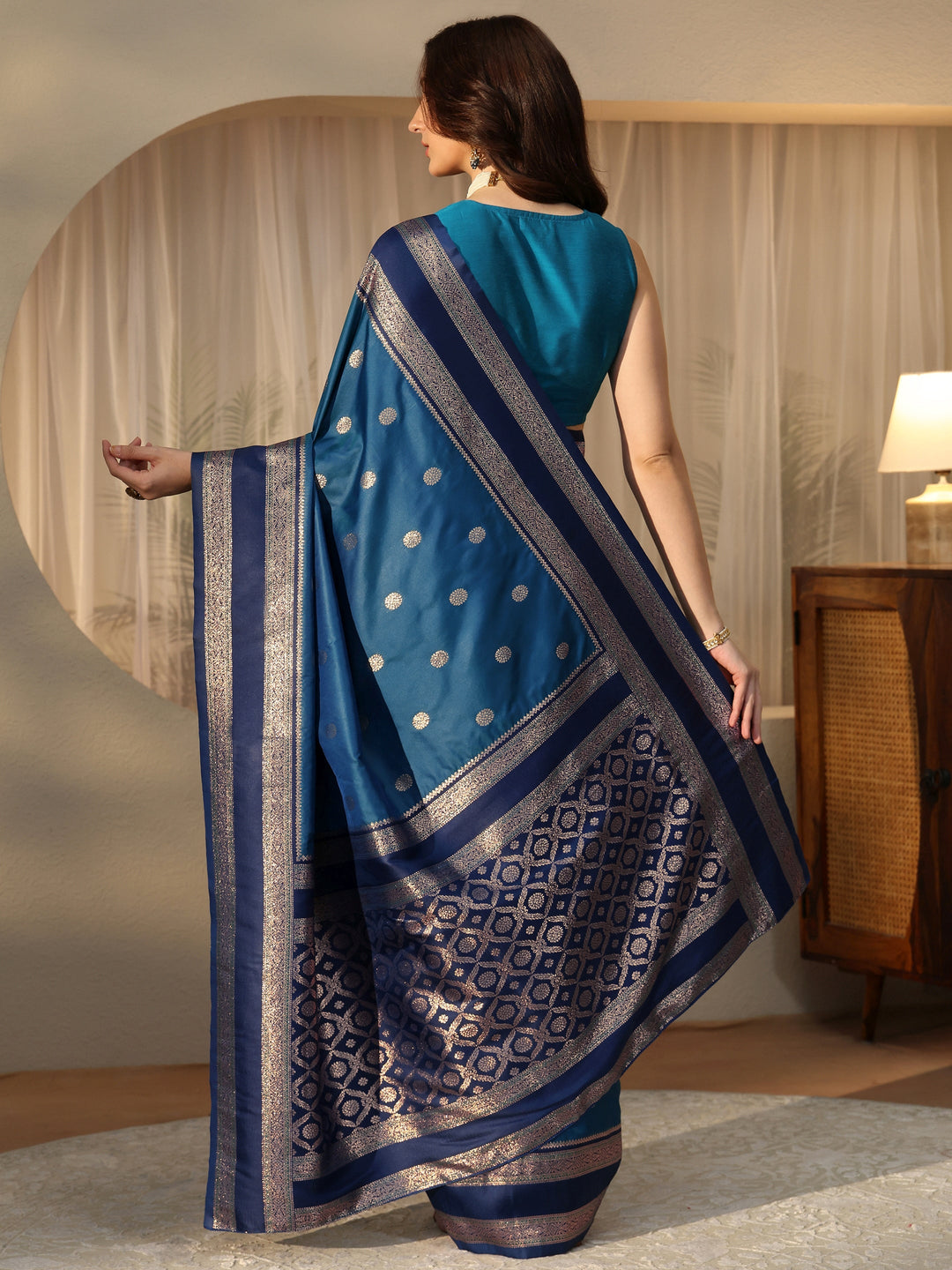  Peacock Blue Ethnic Woven Design Silk Blend Saree 