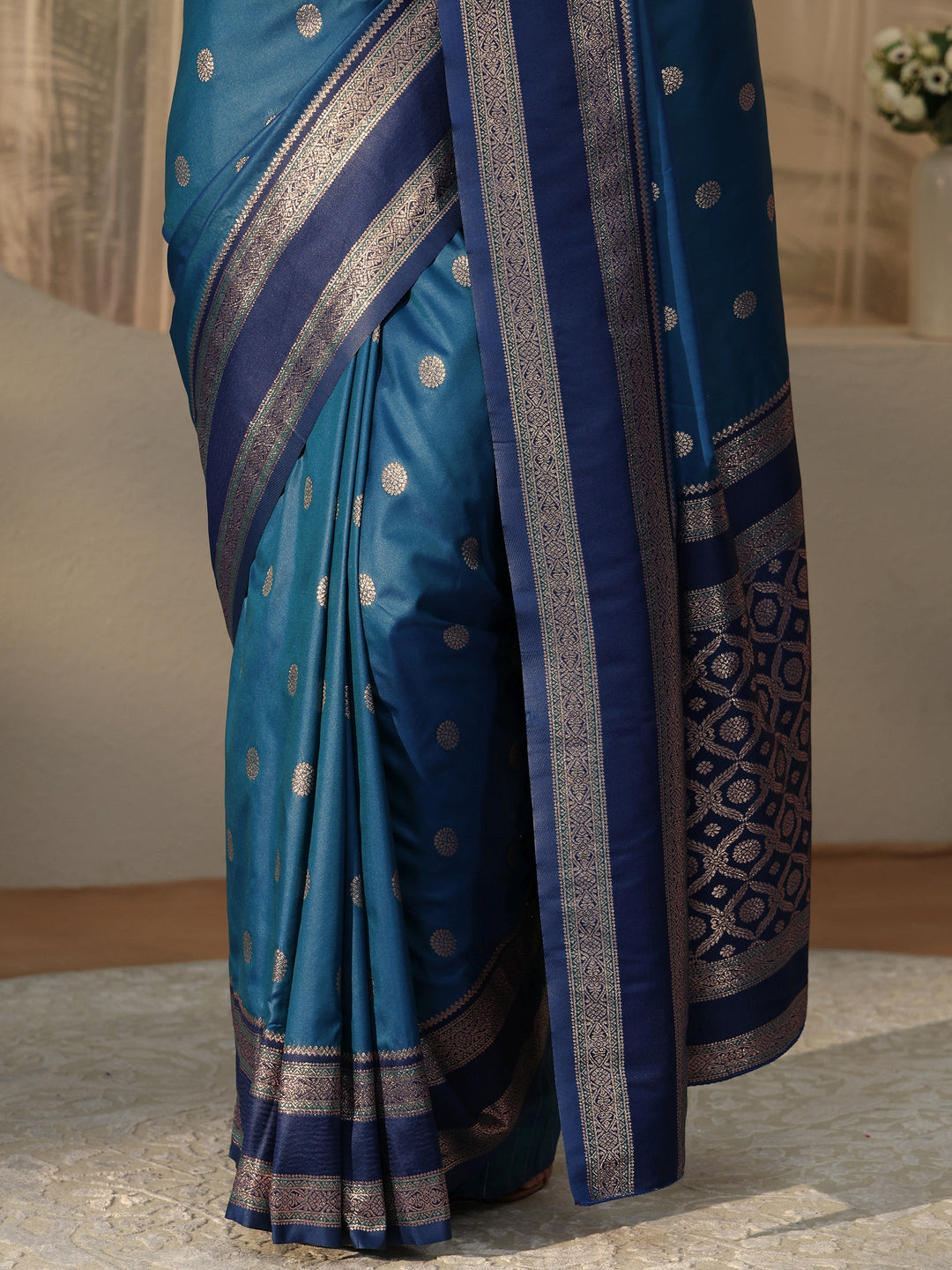  Peacock Blue Ethnic Woven Design Silk Blend Saree 