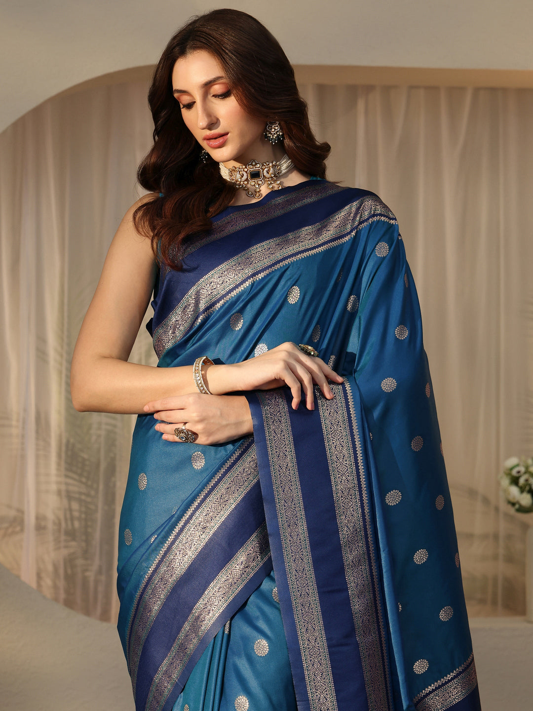  Peacock Blue Ethnic Woven Design Silk Blend Saree 