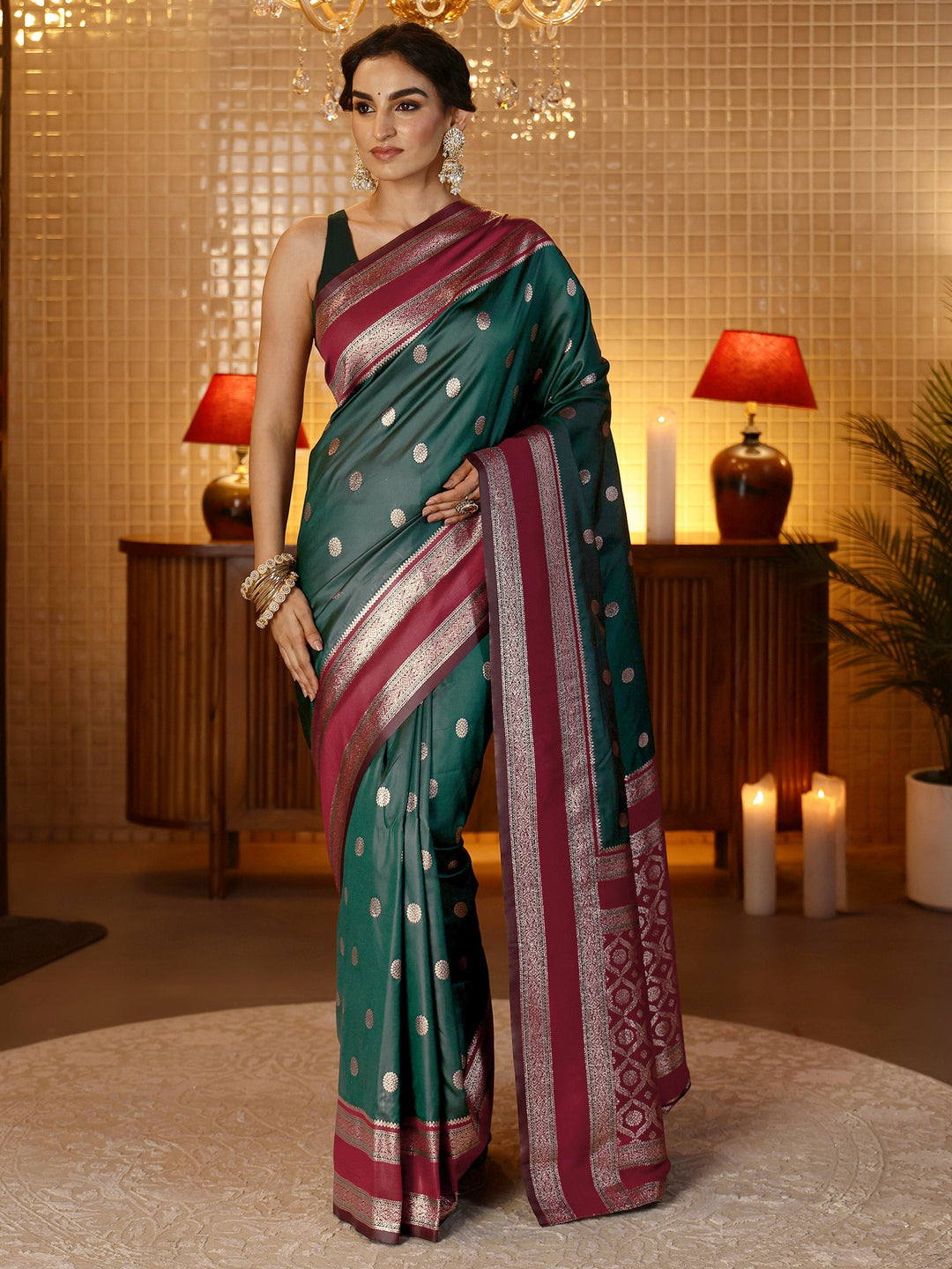  Bottle Green Banarasi Silk Blend Saree 