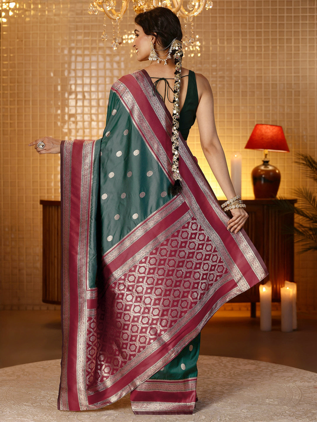  Bottle Green Banarasi Silk Blend Saree 