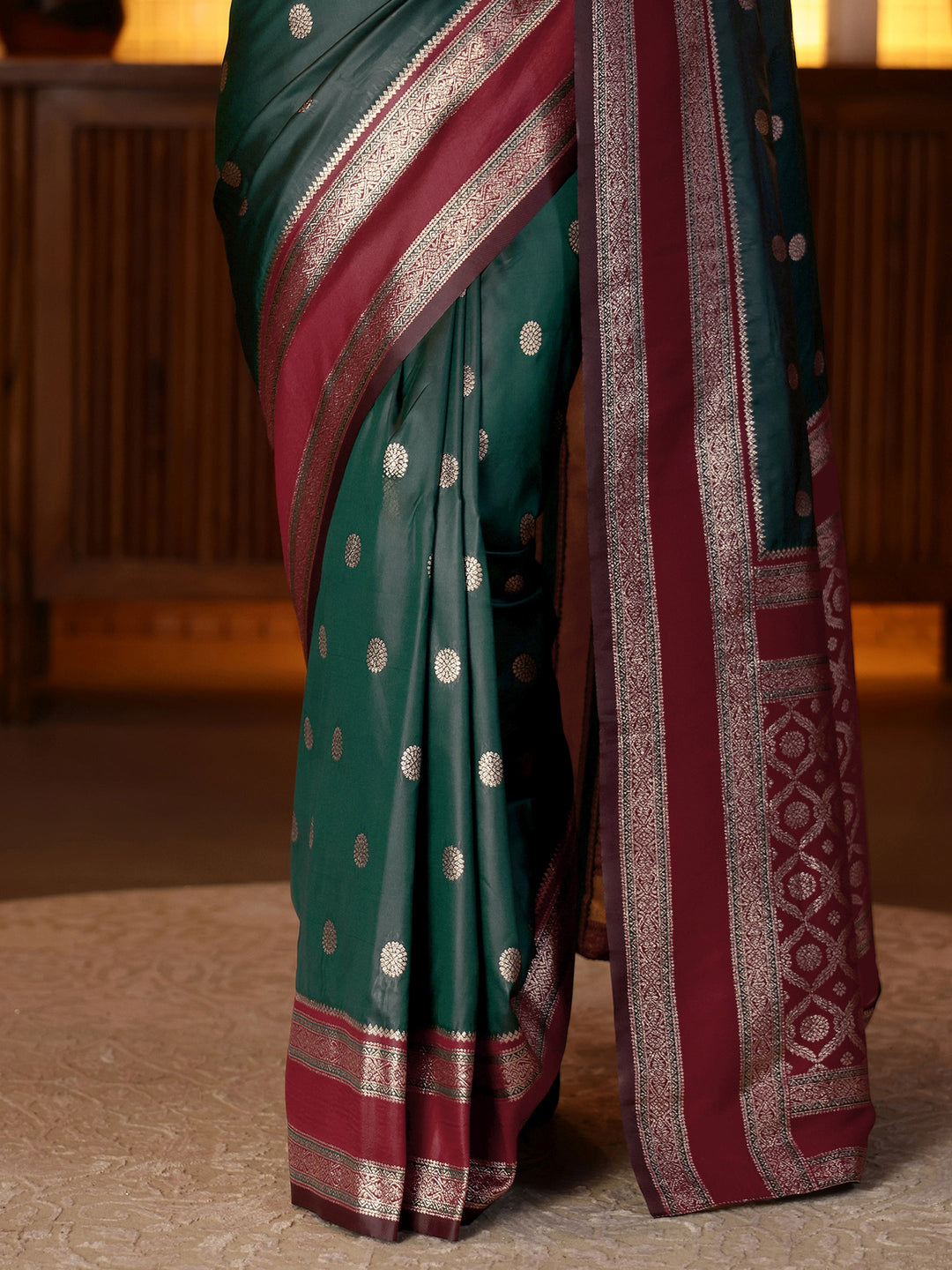  Bottle Green Banarasi Silk Blend Saree 