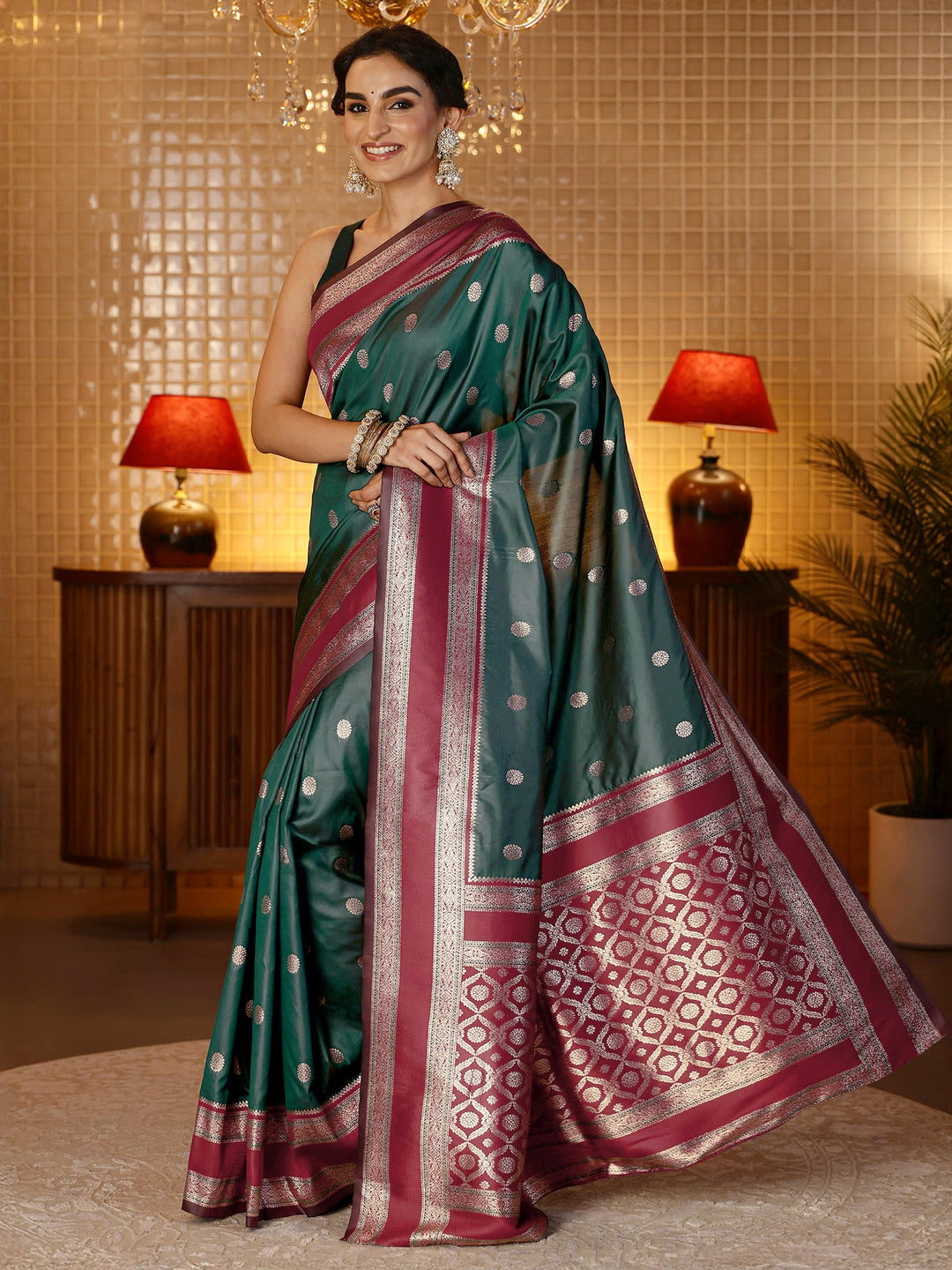  Bottle Green Banarasi Silk Blend Saree 