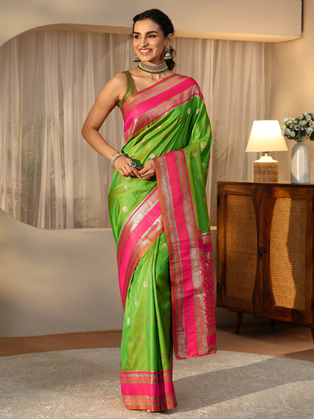  Lime Green Kanjeevaram Silk Blend Saree 