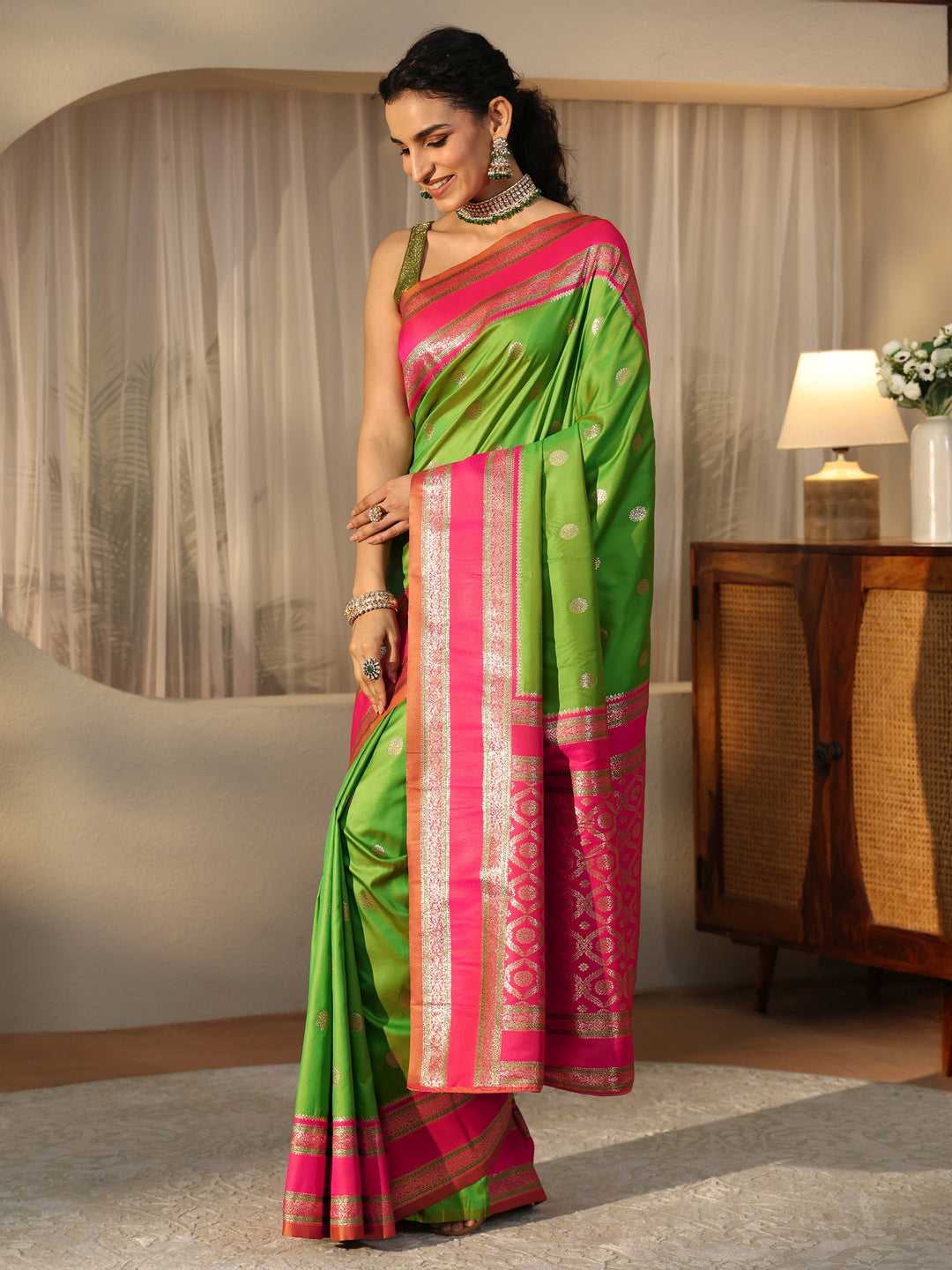  Lime Green Kanjeevaram Silk Blend Saree 