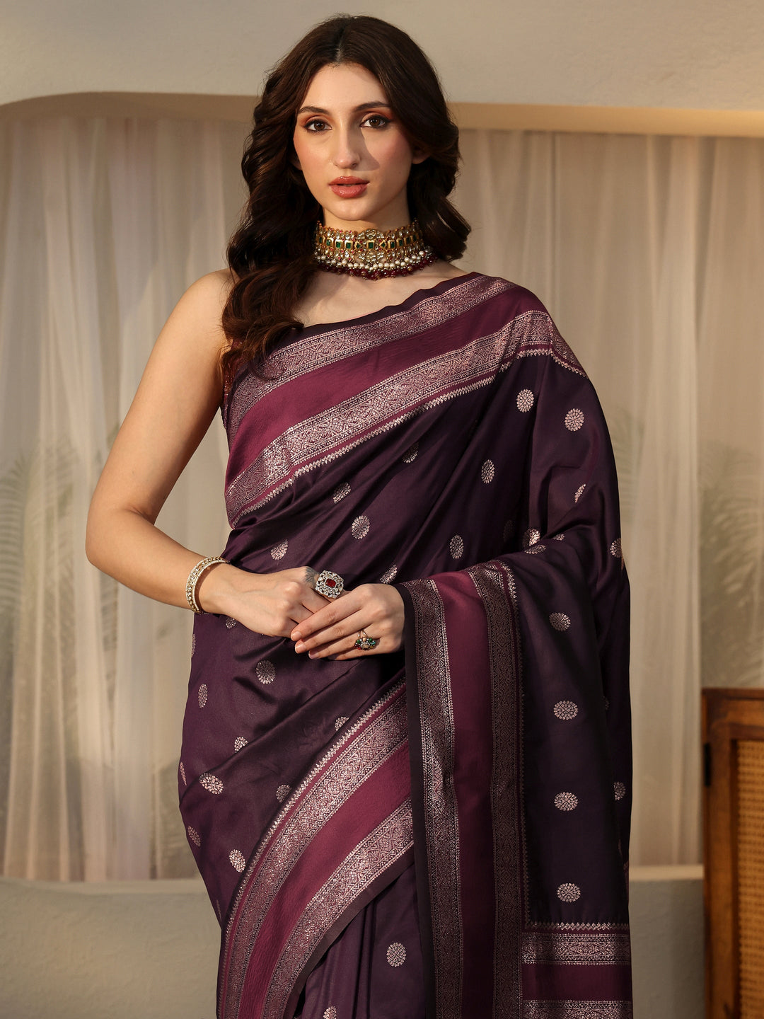  Burgundy Kanjeevaram Silk Blend Saree 