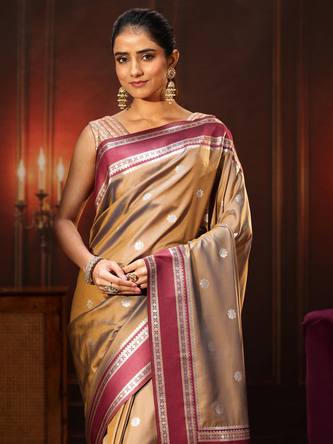  Libas Brown Kanjeevaram Silk Blend Saree 