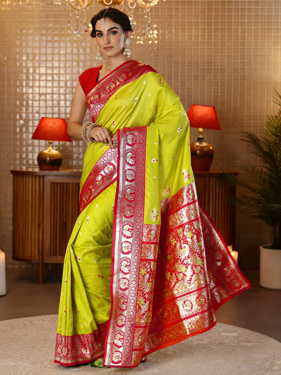  Lime Green Banarasi Silk Blend Saree 