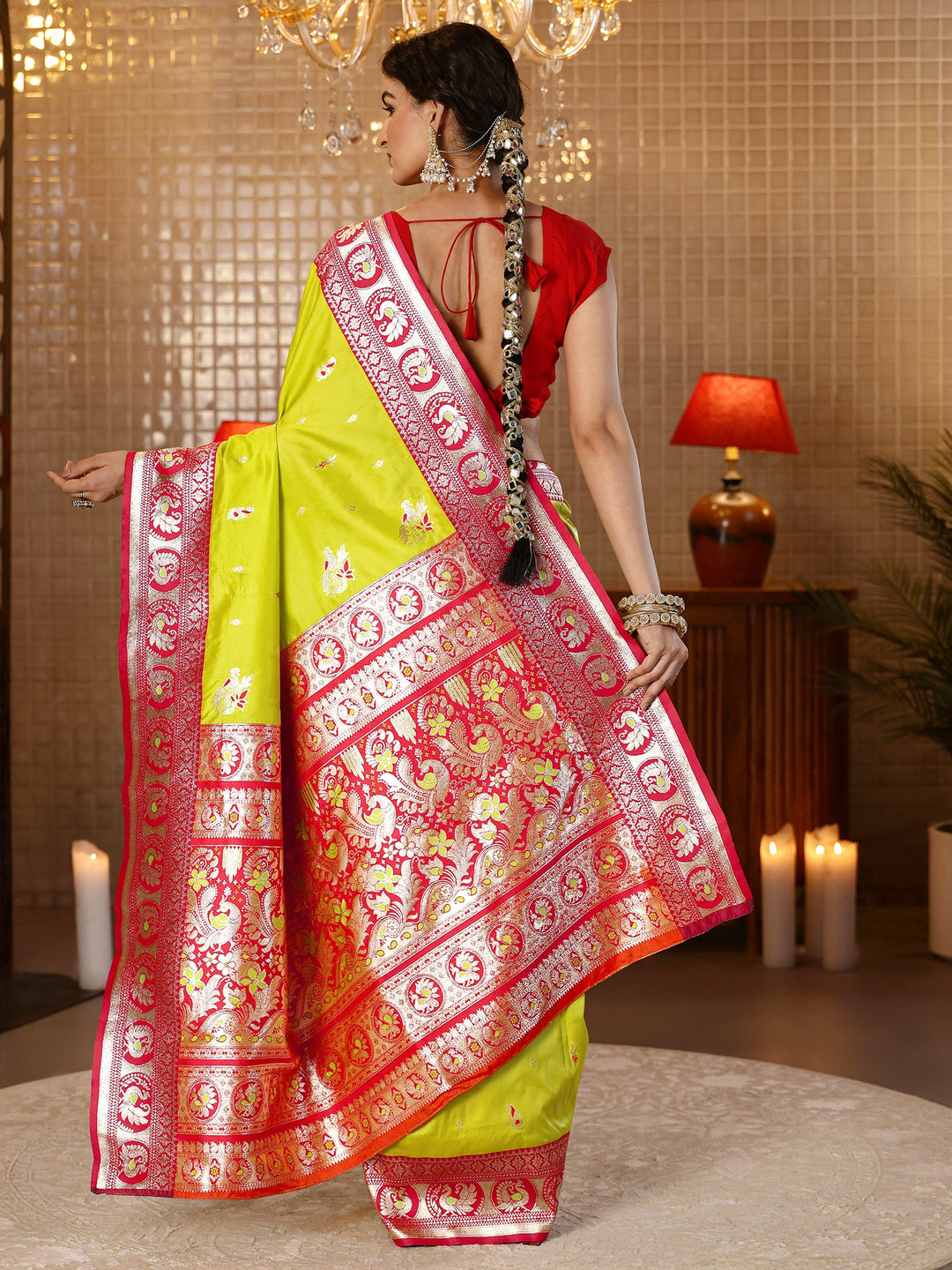  Lime Green Banarasi Silk Blend Saree 