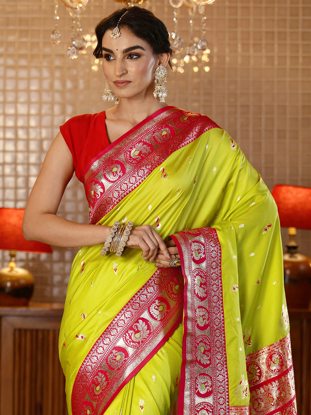  Lime Green Banarasi Silk Blend Saree 