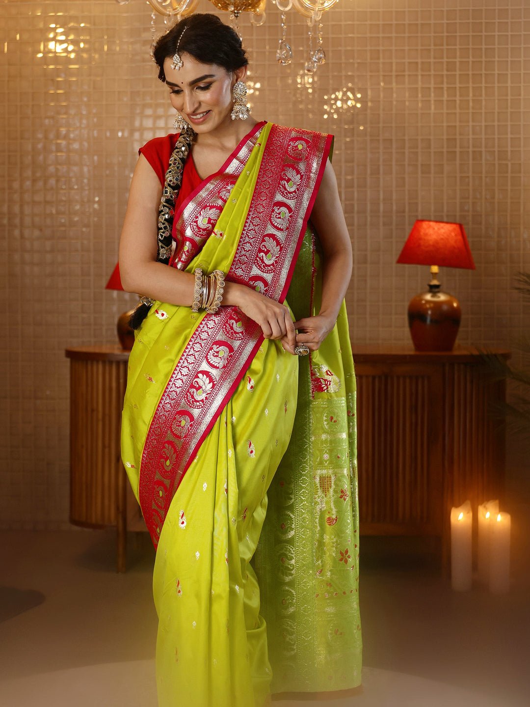  Lime Green Banarasi Silk Blend Saree 