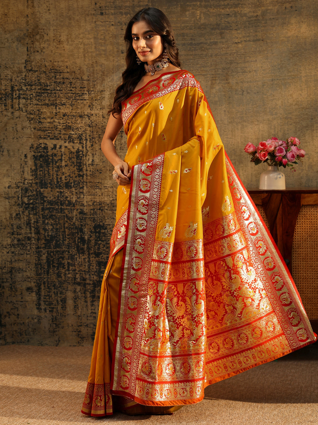  Libas Mustard Floral Woven Silk Blend Saree 
