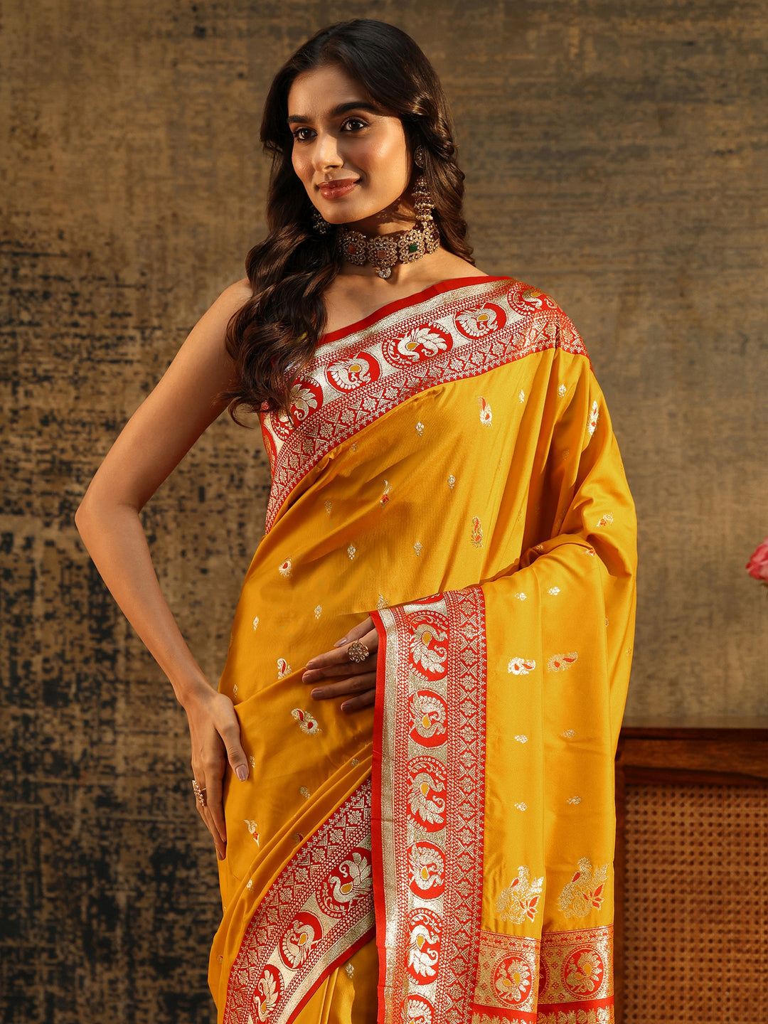  Libas Mustard Floral Woven Silk Blend Saree 