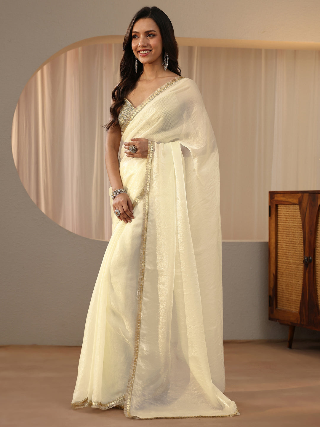  Cream Silk Blend Saree 