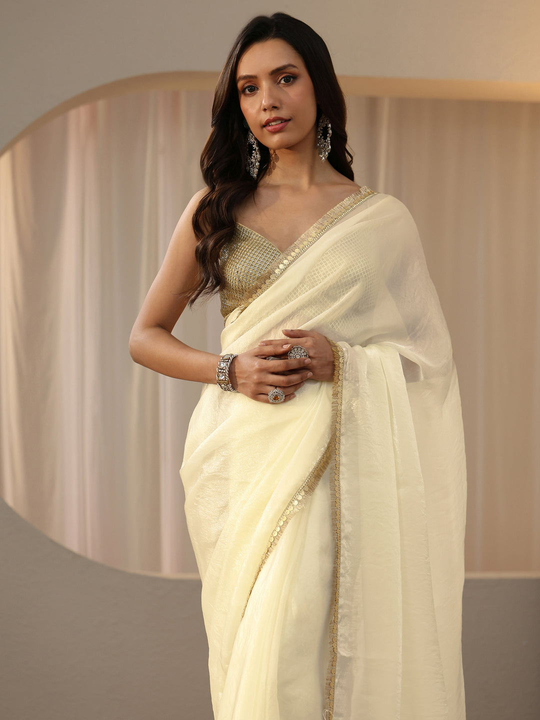  Cream Silk Blend Saree 