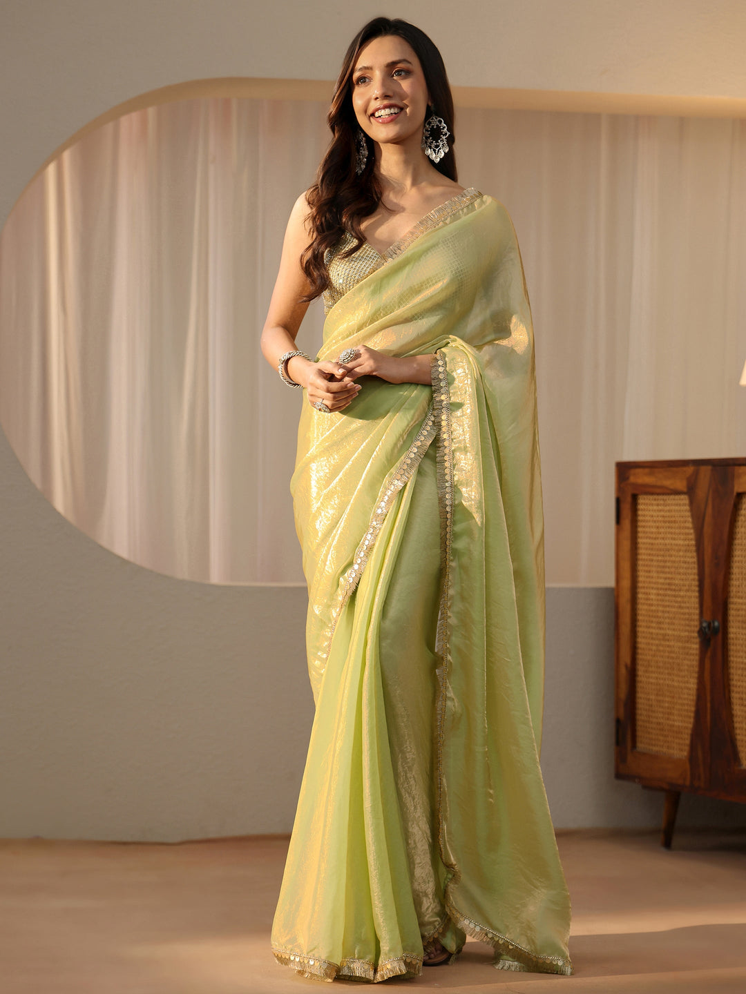  Pista Green Silk Blend Saree 