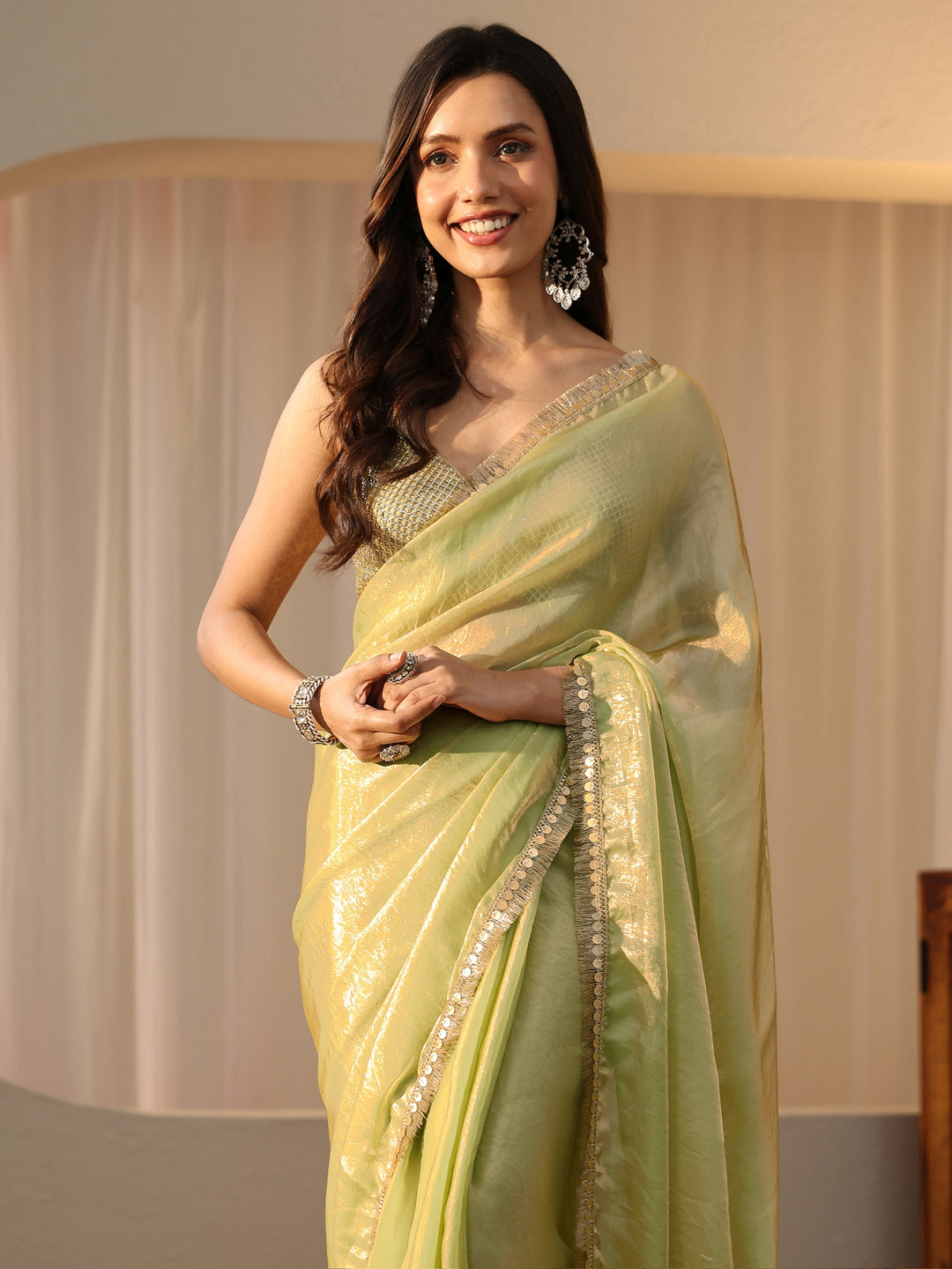  Pista Green Silk Blend Saree 