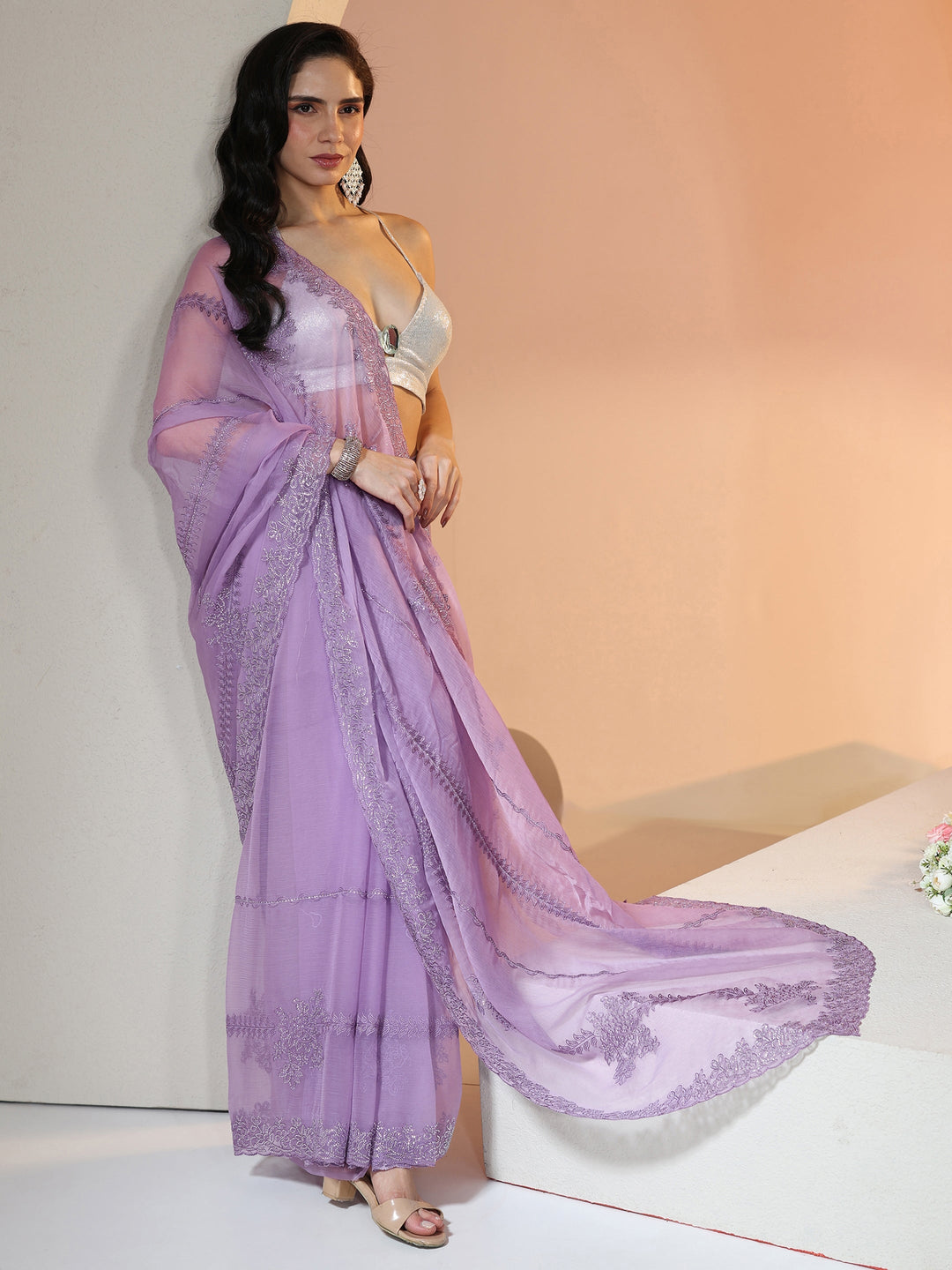  Libas Lavender Floral Embellished Silk Blend Saree 