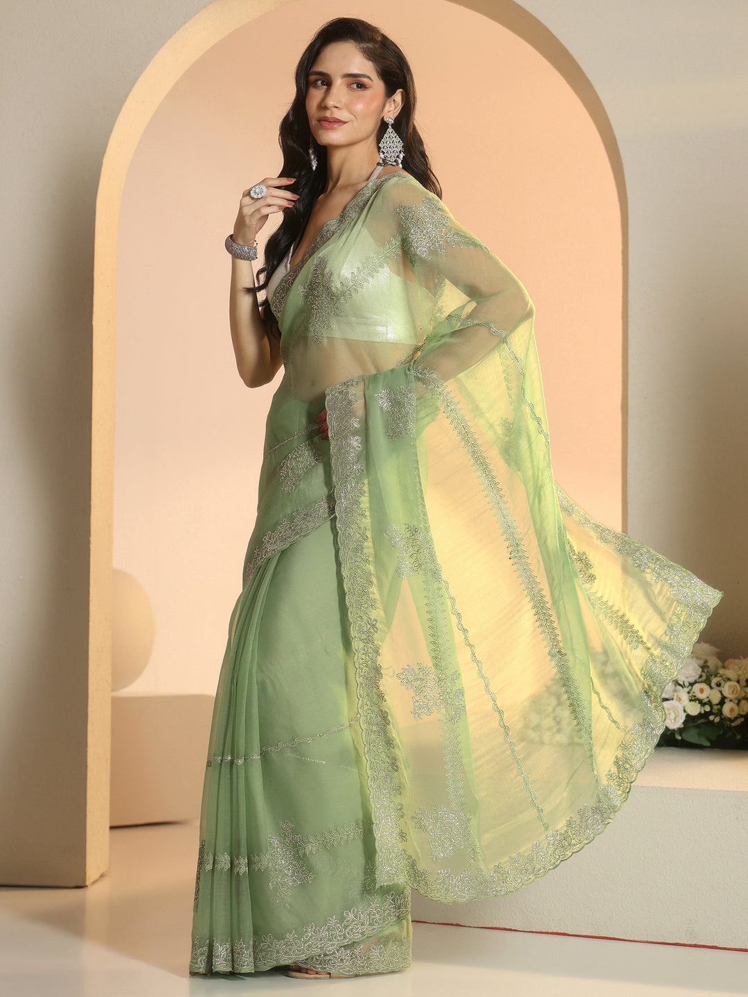  Libas Pista Green Floral Embellished Silk Blend Saree 