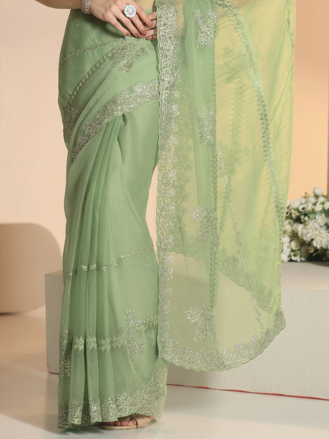  Libas Pista Green Floral Embellished Silk Blend Saree 