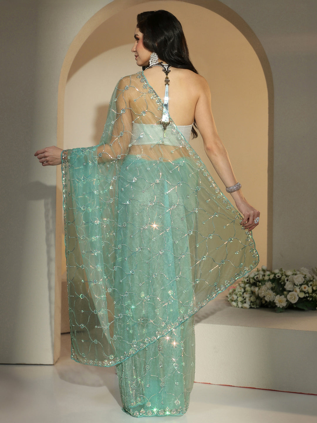  Libas Sea Green Floral Embellished Net Saree 