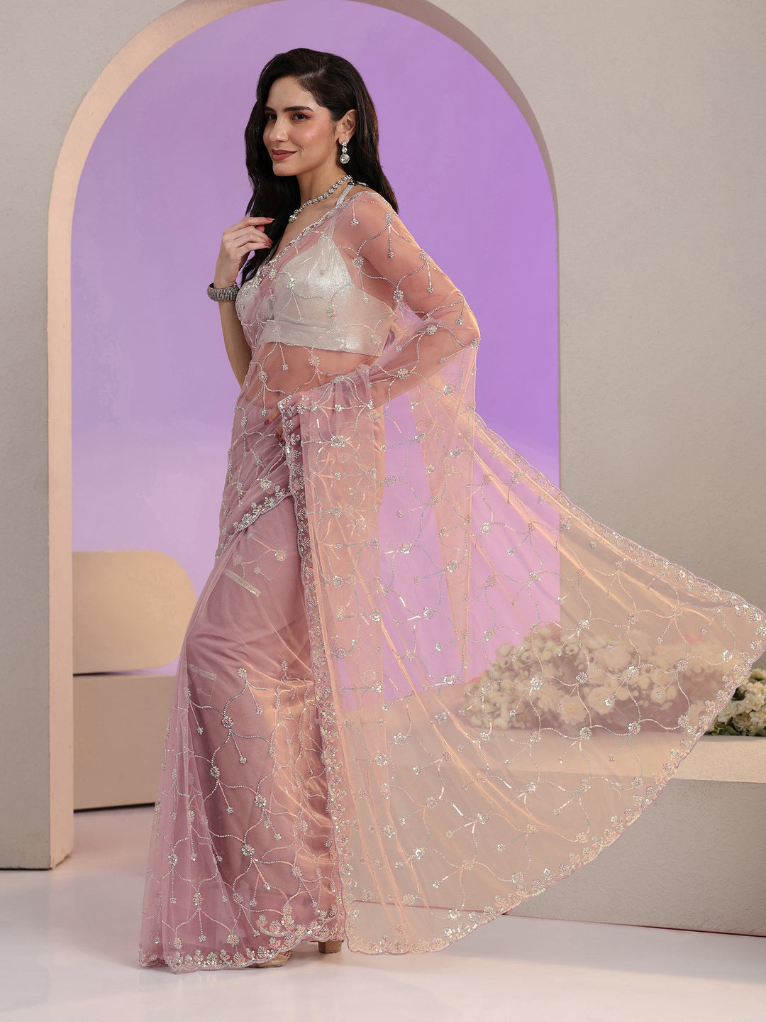  Libas Lavender Floral Embellished Net Saree 