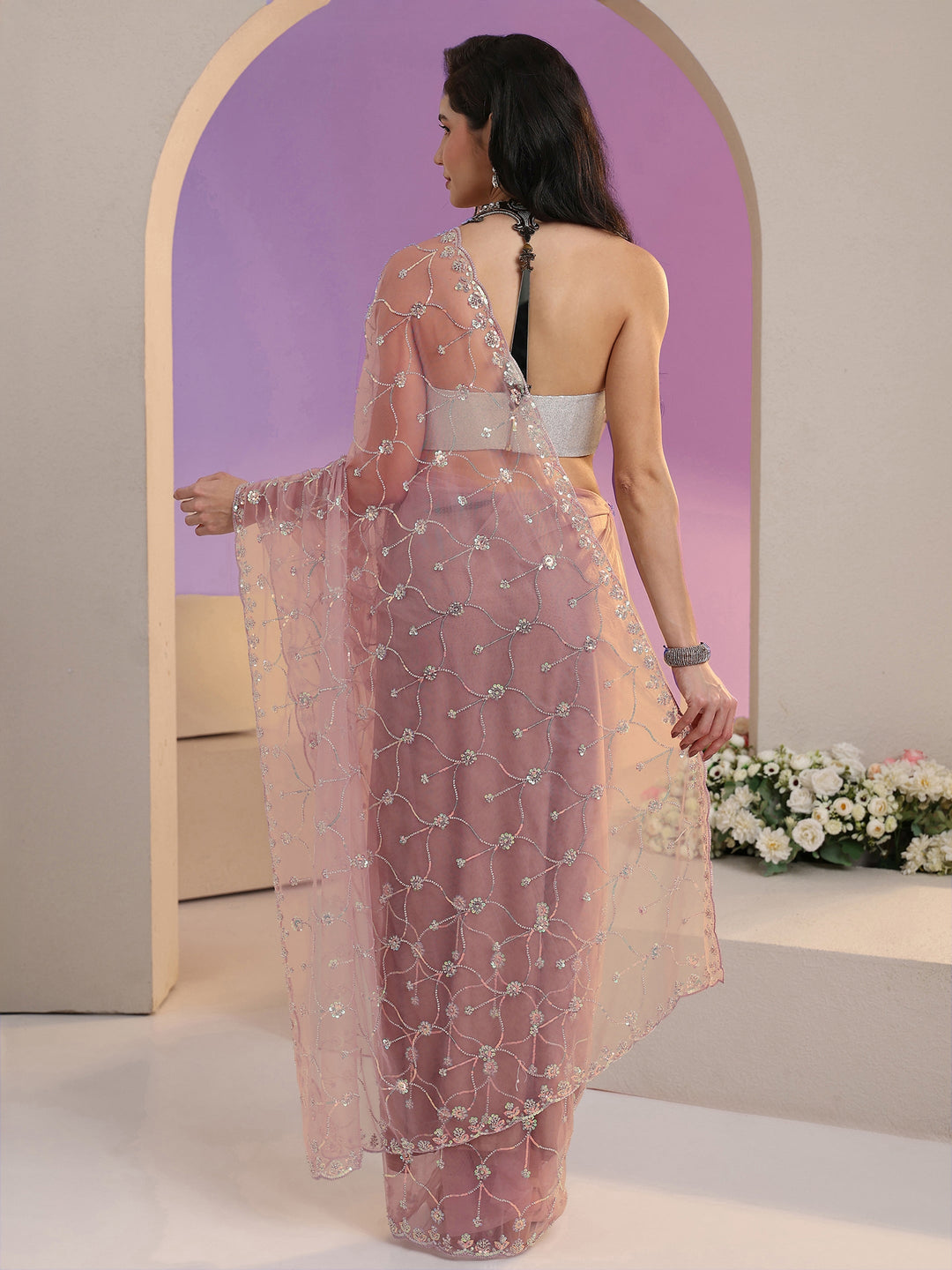  Libas Lavender Floral Embellished Net Saree 
