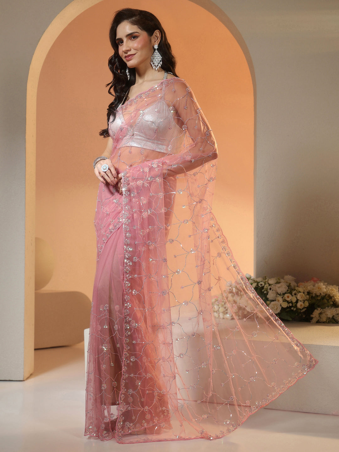  Libas Baby Pink Floral Embellished Net Saree 