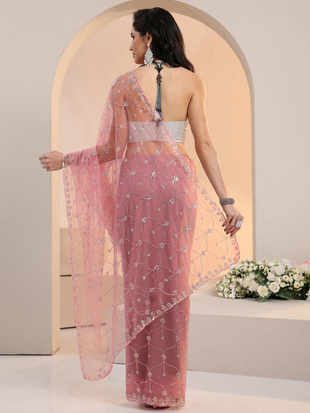  Libas Baby Pink Floral Embellished Net Saree 