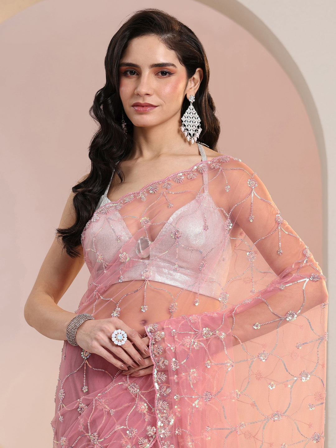  Libas Baby Pink Floral Embellished Net Saree 