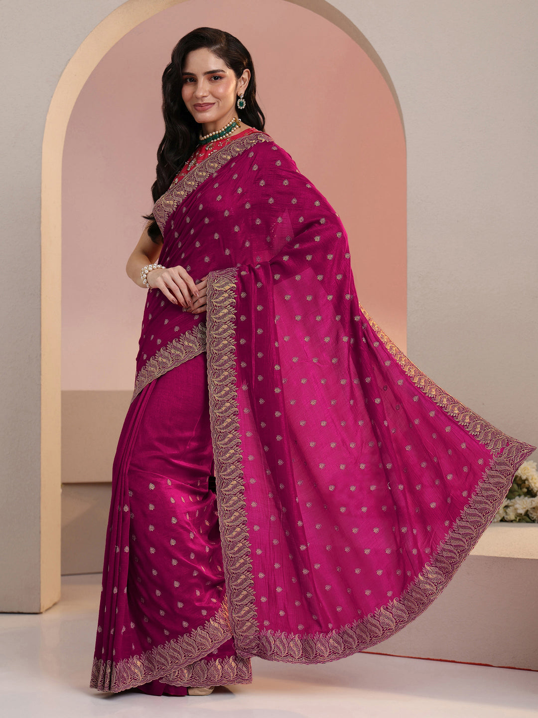  Libas Rani Pink Embroidered Silk Blend Saree 